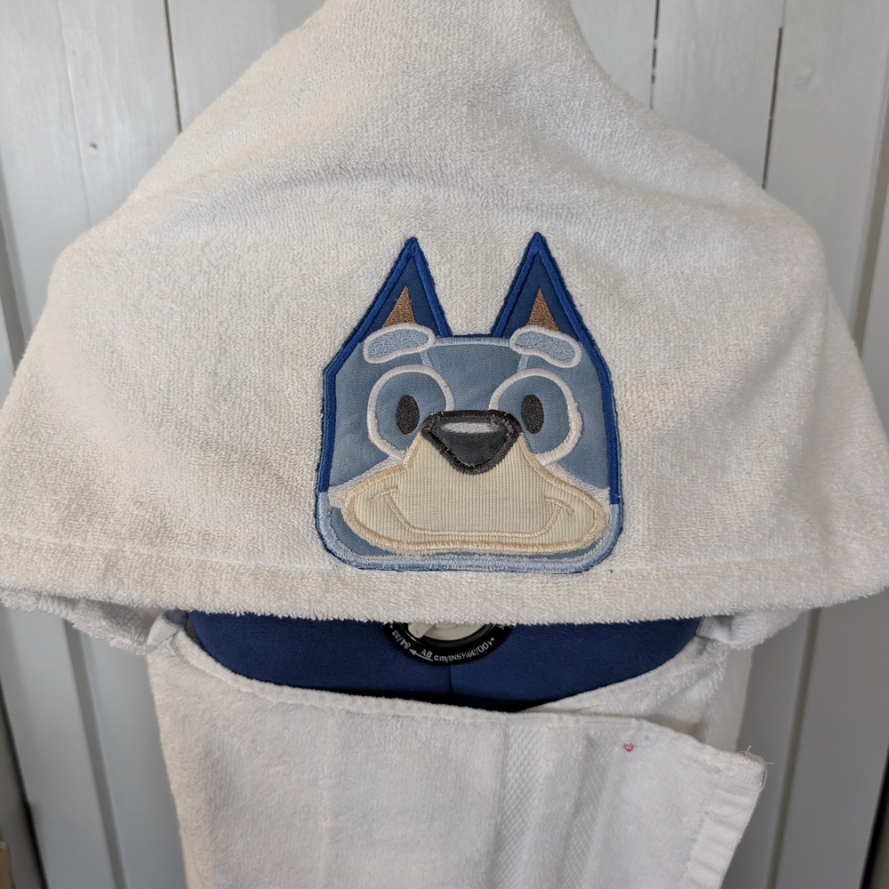White Hooded Towel with Blue Cartoon Dog Design